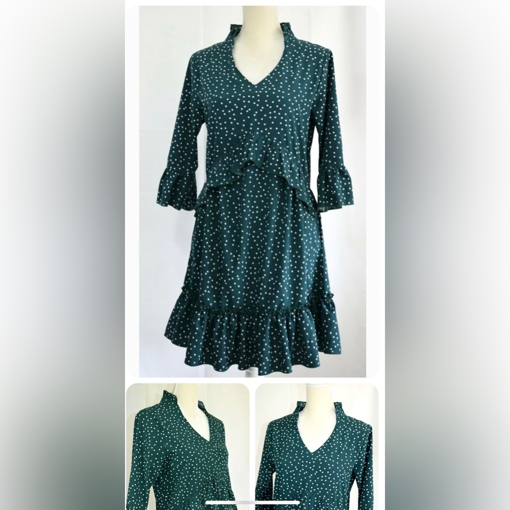 Women's Green Dress w/ Ruffle accents  3/4 Sleeve Polka Dots V-neck, Sz S